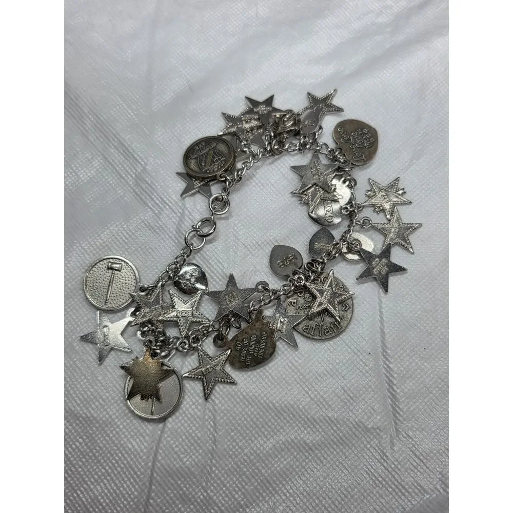 Vintage Beta Sigma Phi Sorority Charm Bracelet Silver Tone Enamel Stars Rose